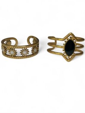 Gold Tone Black Stone & Daisy Accent Adjustable Rings Set - Women Jewelry